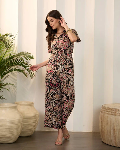 Black Floral Pure Cotton Shirt Collar Co-Ord Set with Trousers