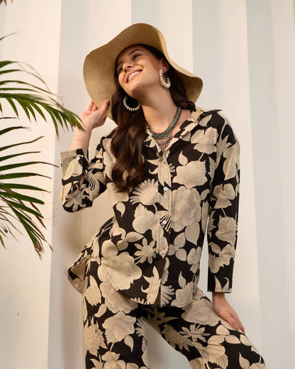 Black Floral Pure Cotton Shirt Collar Co-Ord Set with Trouser