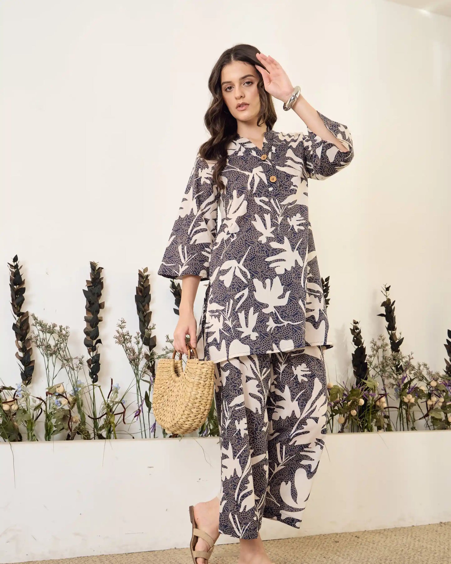 Black Floral Pure Cotton V-Neck Top & Trouser Co-Ord Set