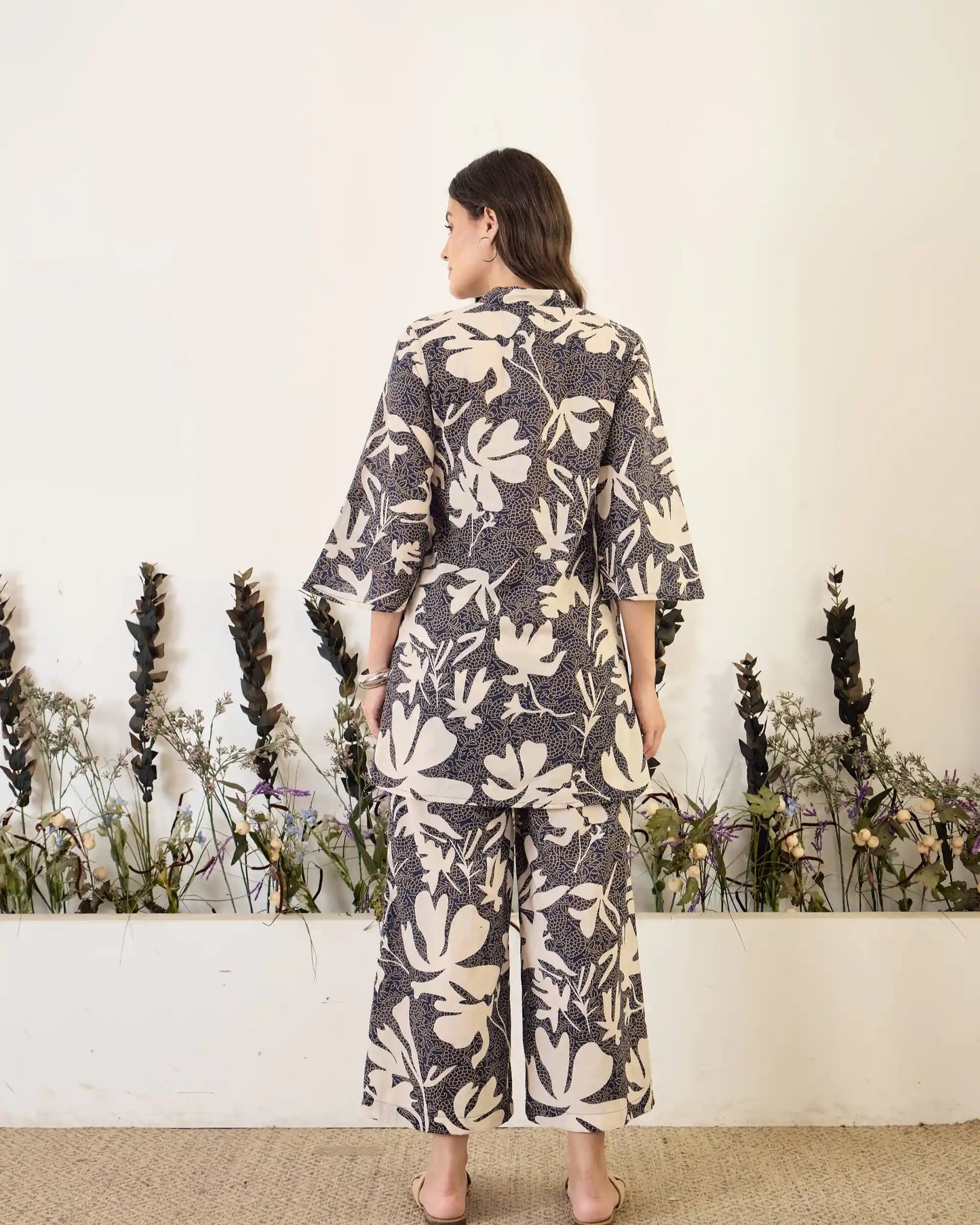 Black Floral Pure Cotton V-Neck Top & Trouser Co-Ord Set