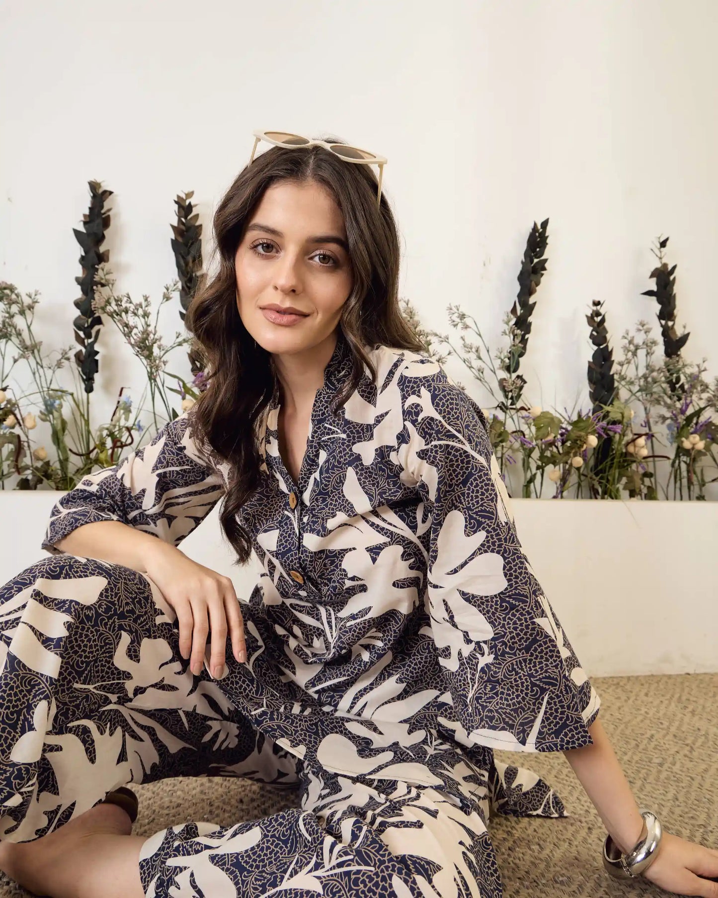 Black Floral Pure Cotton V-Neck Top & Trouser Co-Ord Set