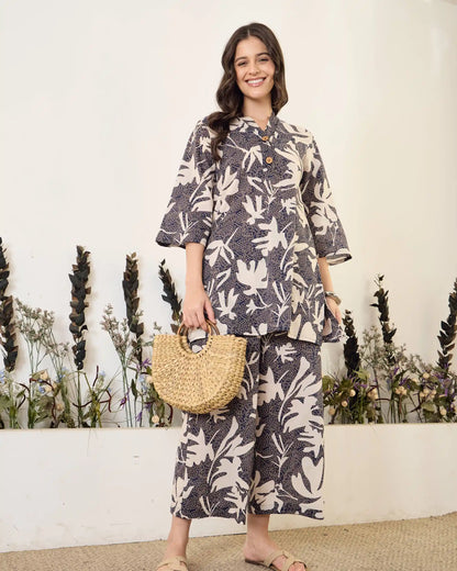 Black Floral Pure Cotton V-Neck Top & Trouser Co-Ord Set