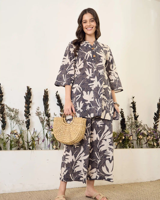 Black Floral Pure Cotton V-Neck Top & Trouser Co-Ord Set