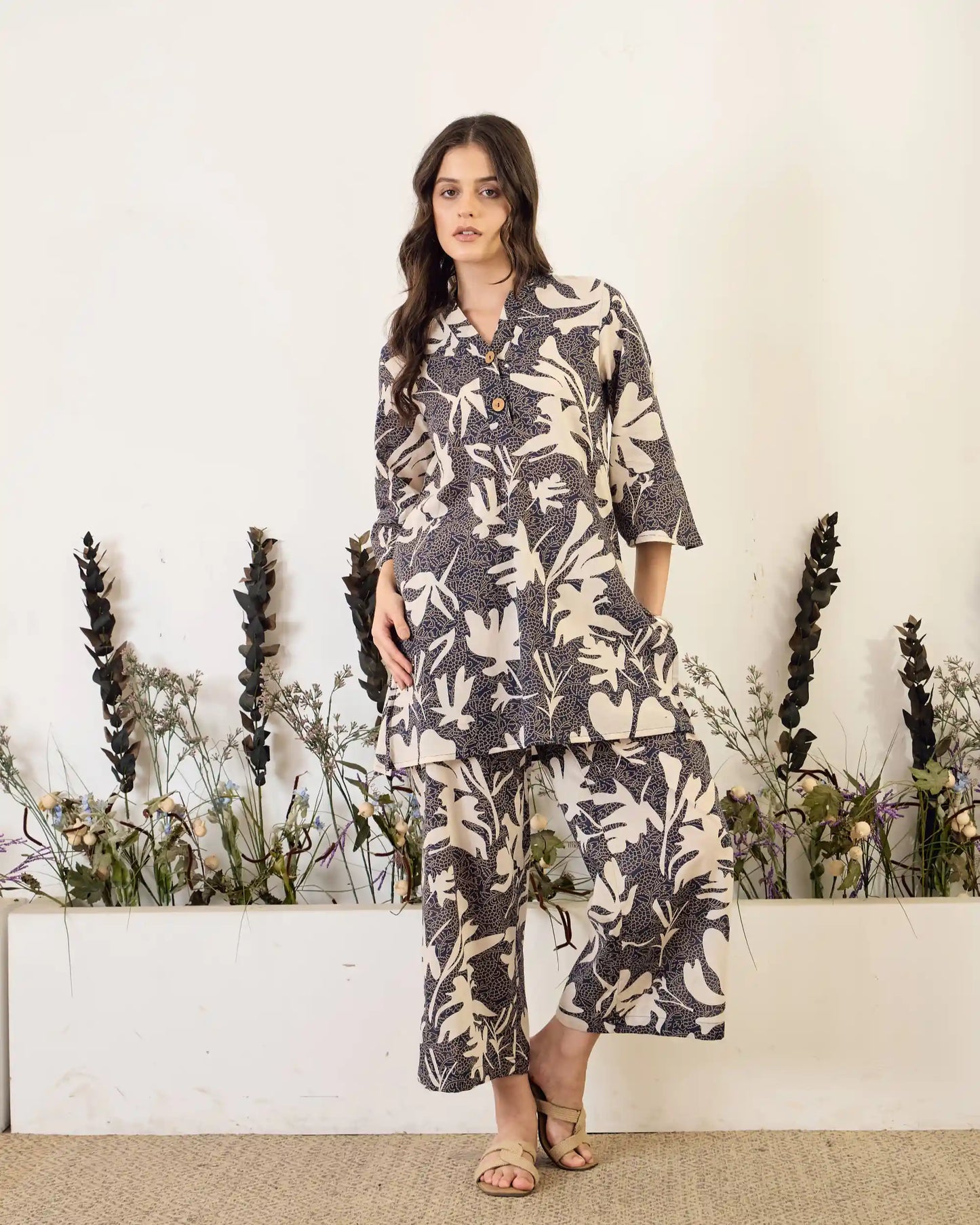 Black Floral Pure Cotton V-Neck Top & Trouser Co-Ord Set