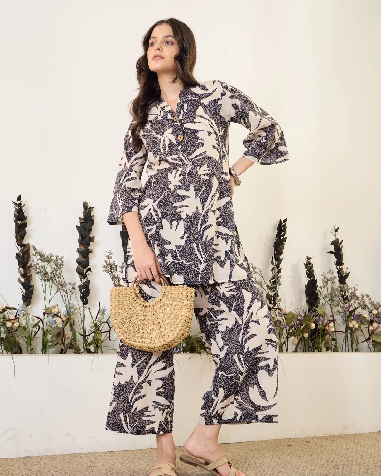 Black Floral Pure Cotton V-Neck Top & Trouser Co-Ord Set