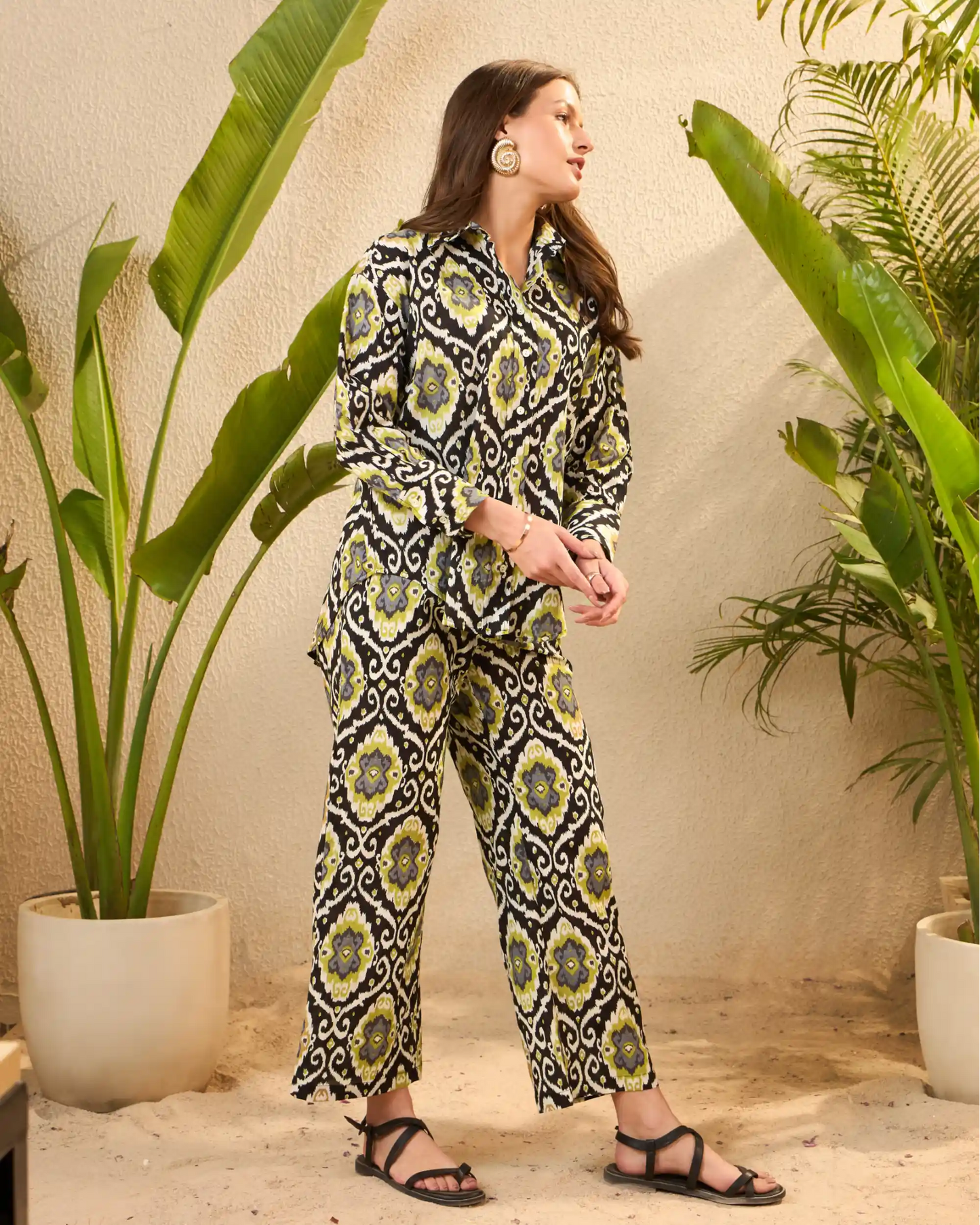 Black Ikat Pure Cotton Shirt Collar Co-Ord Set with Trousers