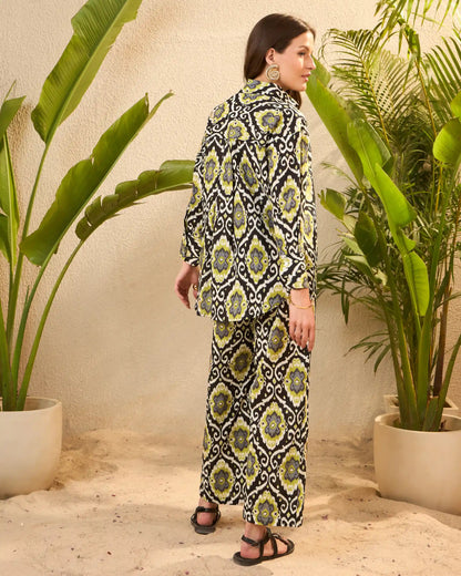 Black Ikat Pure Cotton Shirt Collar Co-Ord Set with Trousers