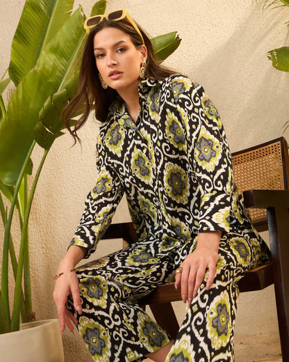 Black Ikat Pure Cotton Shirt Collar Co-Ord Set with Trousers