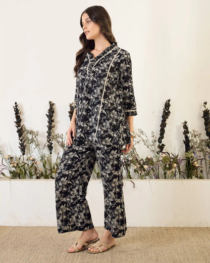 Black Printed Pure Cotton V-Neck Tunic & Palazzo Co-Ord Set