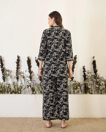 Black Printed Pure Cotton V-Neck Tunic & Palazzo Co-Ord Set