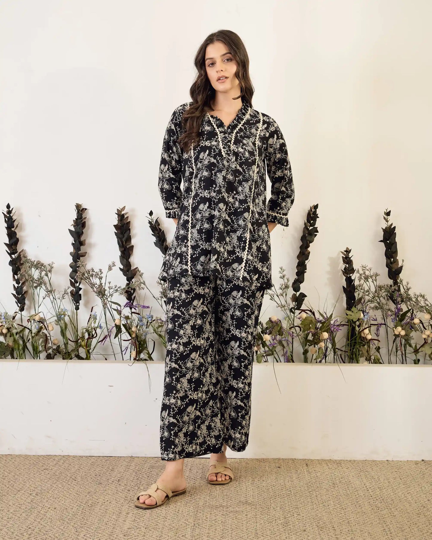 Black Printed Pure Cotton V-Neck Tunic & Palazzo Co-Ord Set