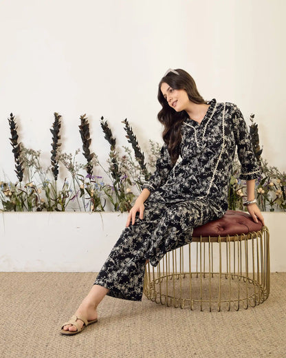 Black Printed Pure Cotton V-Neck Tunic & Palazzo Co-Ord Set