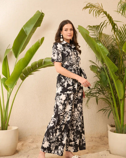IMANA Black & White Floral Printed Pure Cotton Shirt & Trousers Co-Ord Set
