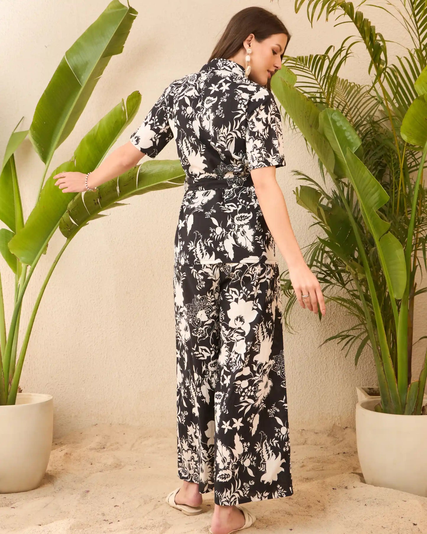 IMANA Black & White Floral Printed Pure Cotton Shirt & Trousers Co-Ord Set