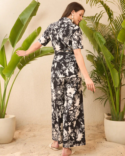 IMANA Black & White Floral Printed Pure Cotton Shirt & Trousers Co-Ord Set