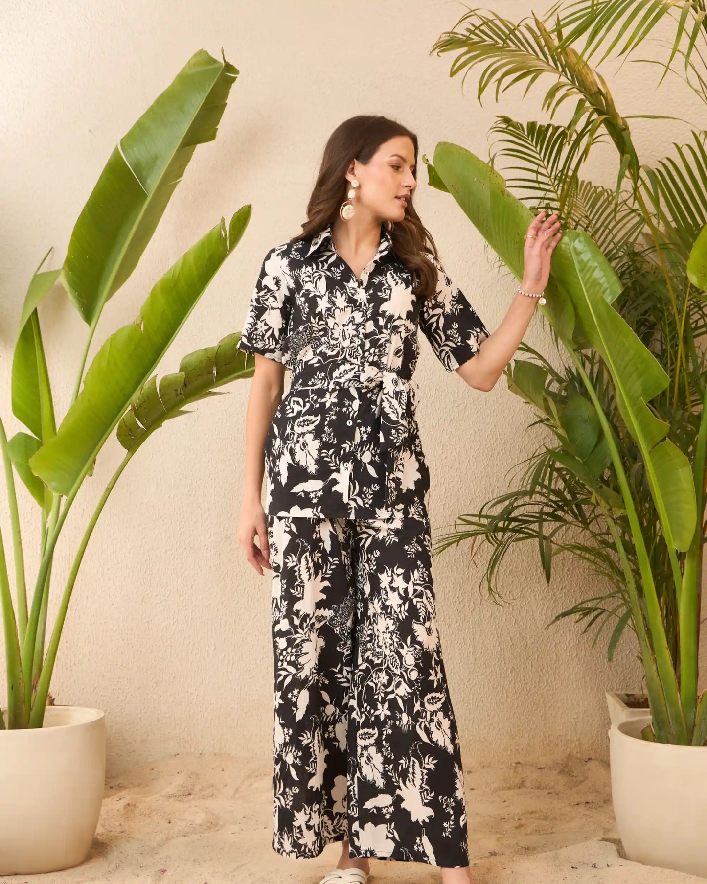 IMANA Black & White Floral Printed Pure Cotton Shirt & Trousers Co-Ord Set
