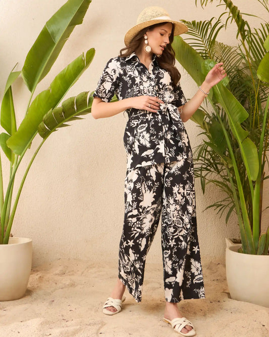 IMANA Black & White Floral Printed Pure Cotton Shirt & Trousers Co-Ord Set