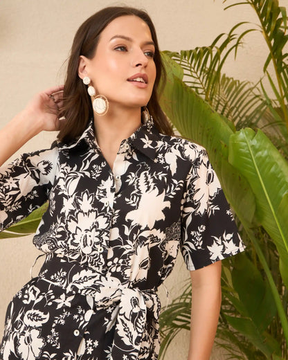 IMANA Black & White Floral Printed Pure Cotton Shirt & Trousers Co-Ord Set