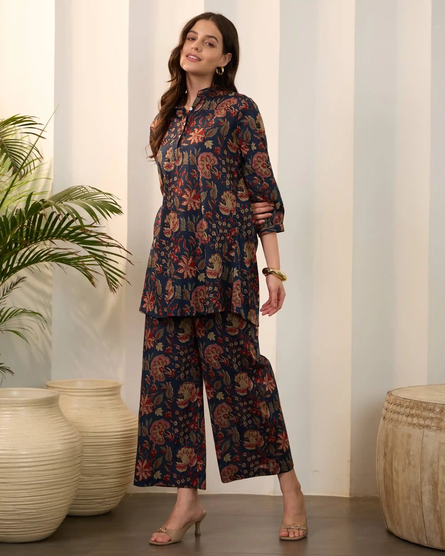 Blue Floral Pure Cotton Mandarin Neck Top & Palazzo Set