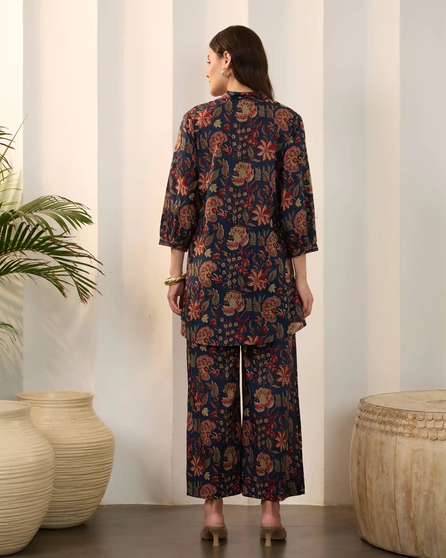 Blue Floral Pure Cotton Mandarin Neck Top & Palazzo Set