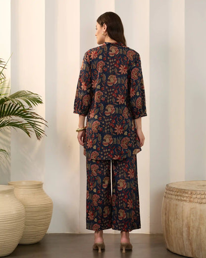 Blue Floral Pure Cotton Mandarin Neck Top & Palazzo Set