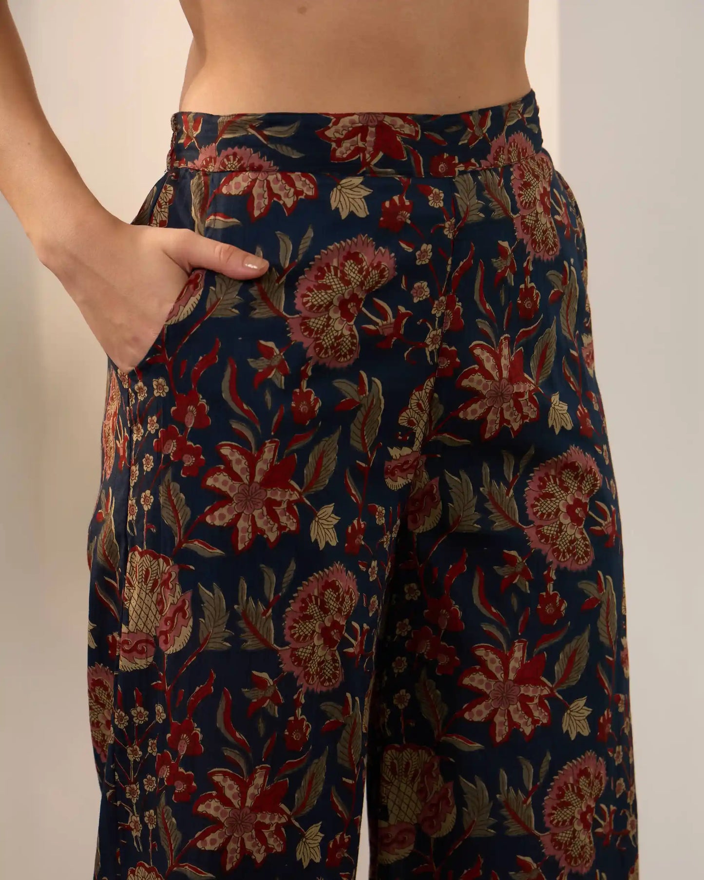 Blue Floral Pure Cotton Mandarin Neck Top & Palazzo Set