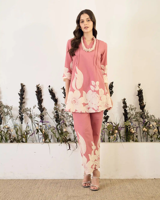 Pink Floral Pure Cotton Mandarin Neck Tunic & Ankle Pant Set
