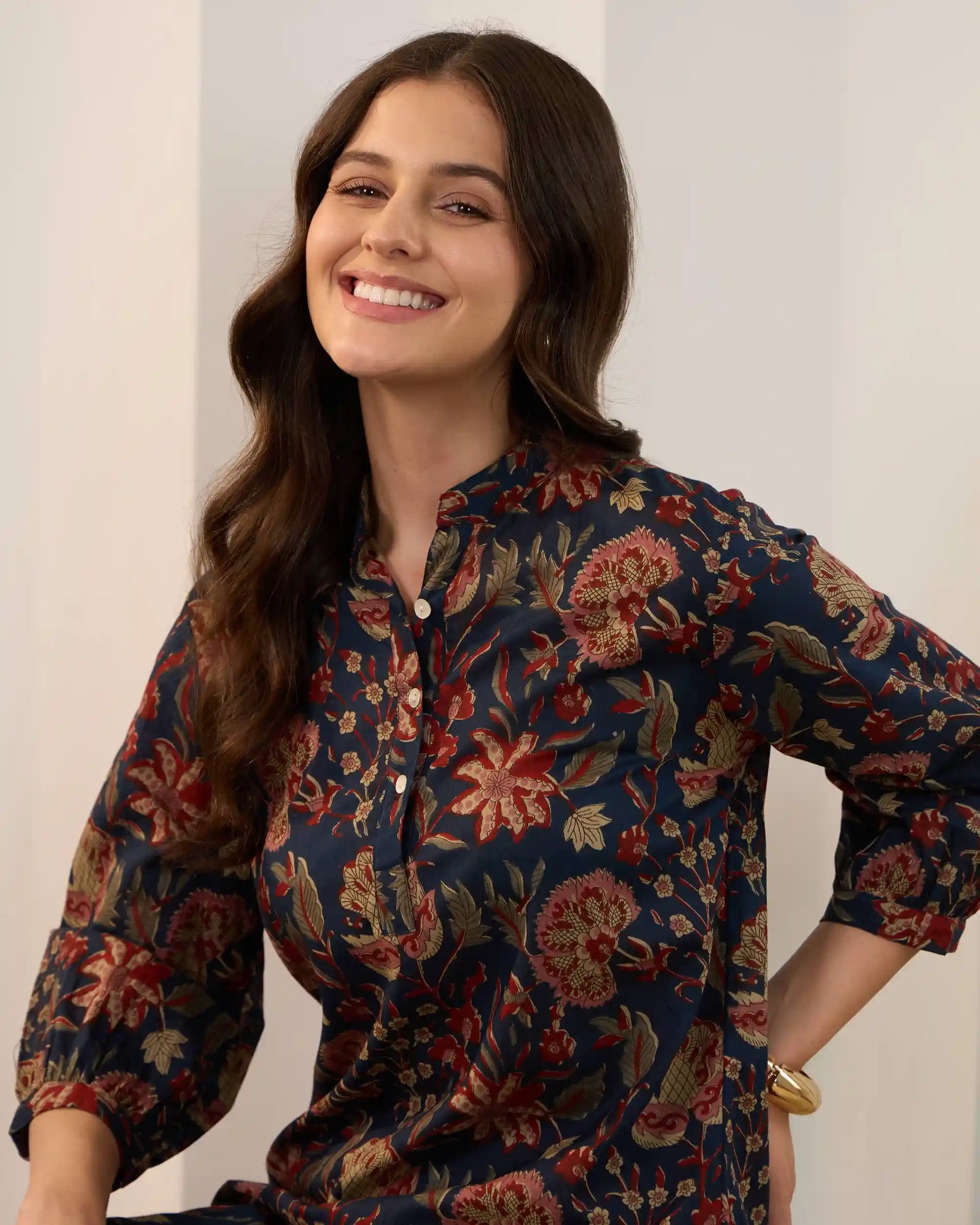 Blue Floral Pure Cotton Mandarin Neck Top & Palazzo Set