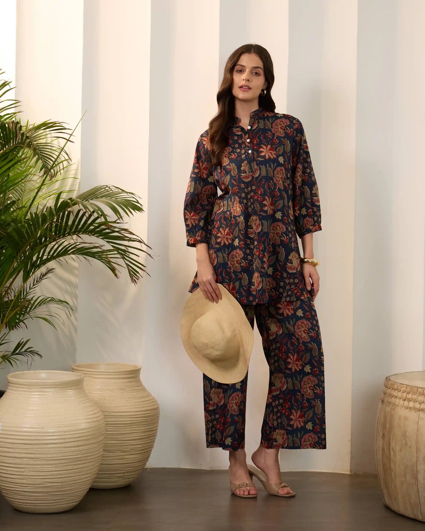 Blue Floral Pure Cotton Mandarin Neck Top & Palazzo Set