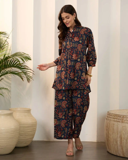 Blue Floral Pure Cotton Mandarin Neck Top & Palazzo Set