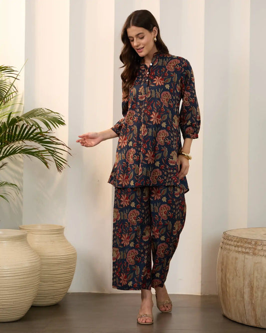 Blue Floral Pure Cotton Mandarin Neck Top & Palazzo Set