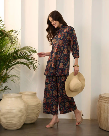Blue Floral Pure Cotton Mandarin Neck Top & Palazzo Set