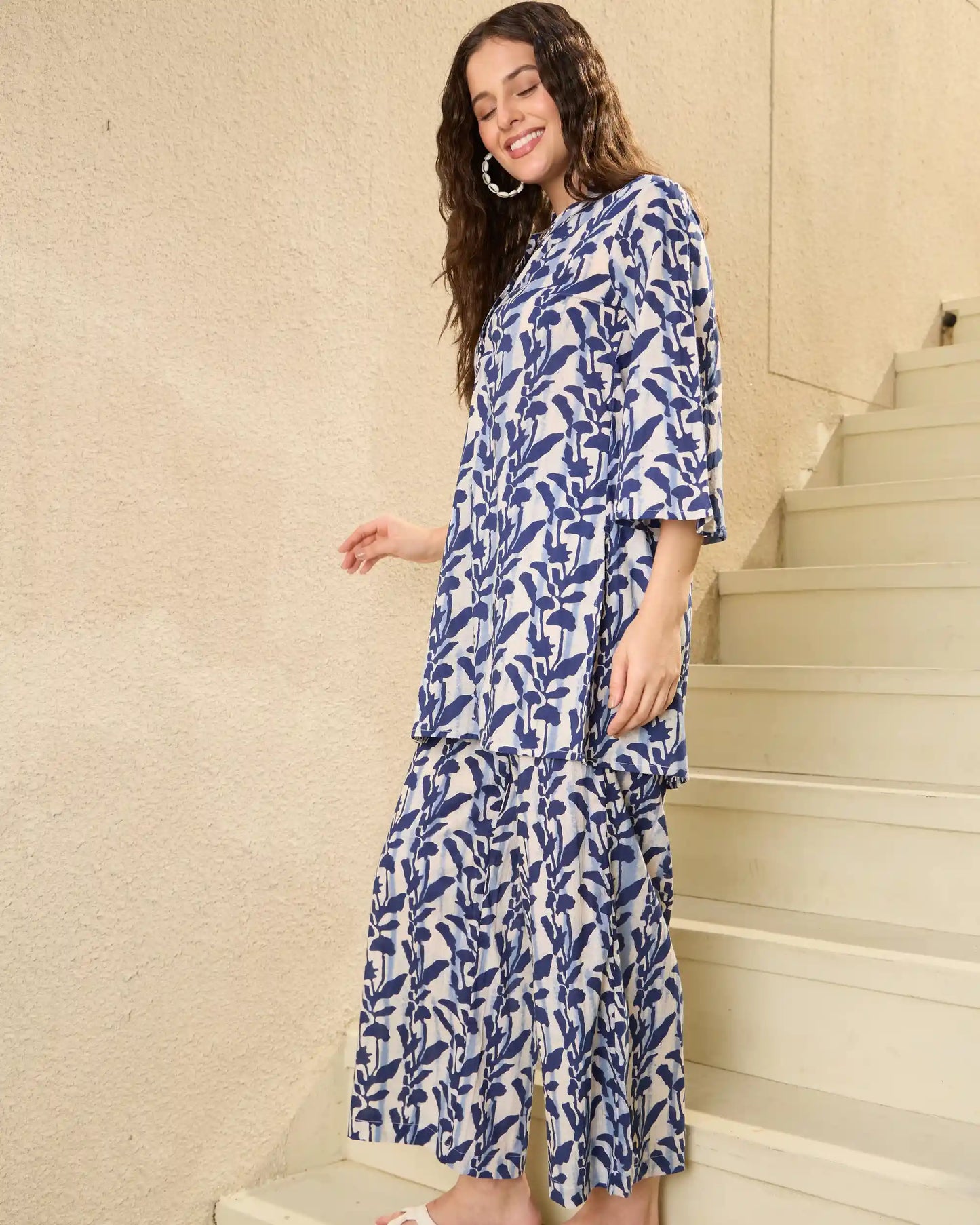 Blue Floral Pure Cotton V-Neck Top & Trouser Co-Ord Set