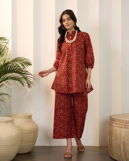 Maroon Printed Pure Cotton Mandarin Neck Tunic & Palazzo Set