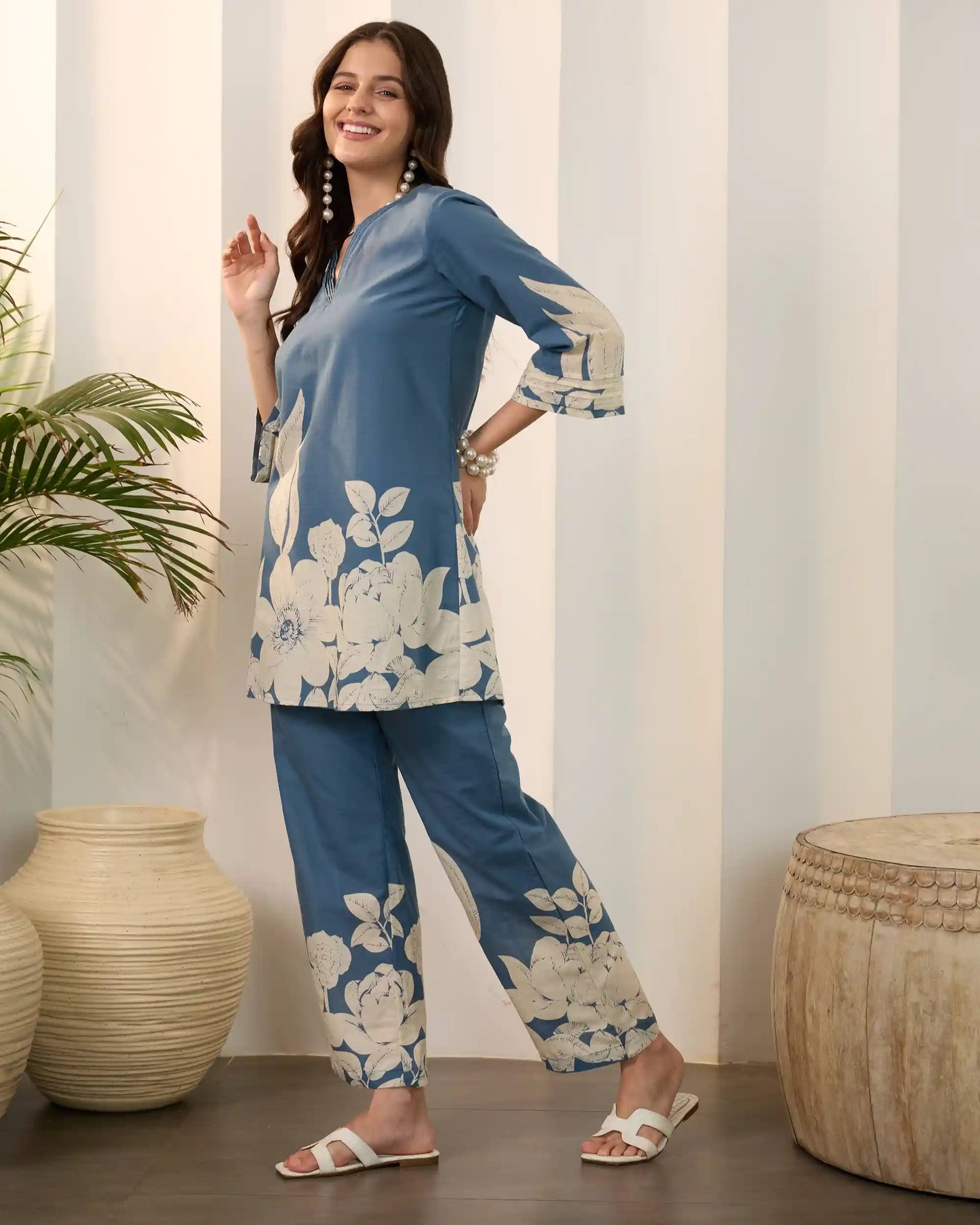 Blue Floral Pure Cotton V-Neck Tunic & Trouser Co-Ord Set
