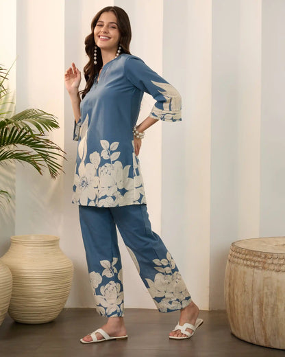 Blue Floral Pure Cotton V-Neck Tunic & Trouser Co-Ord Set
