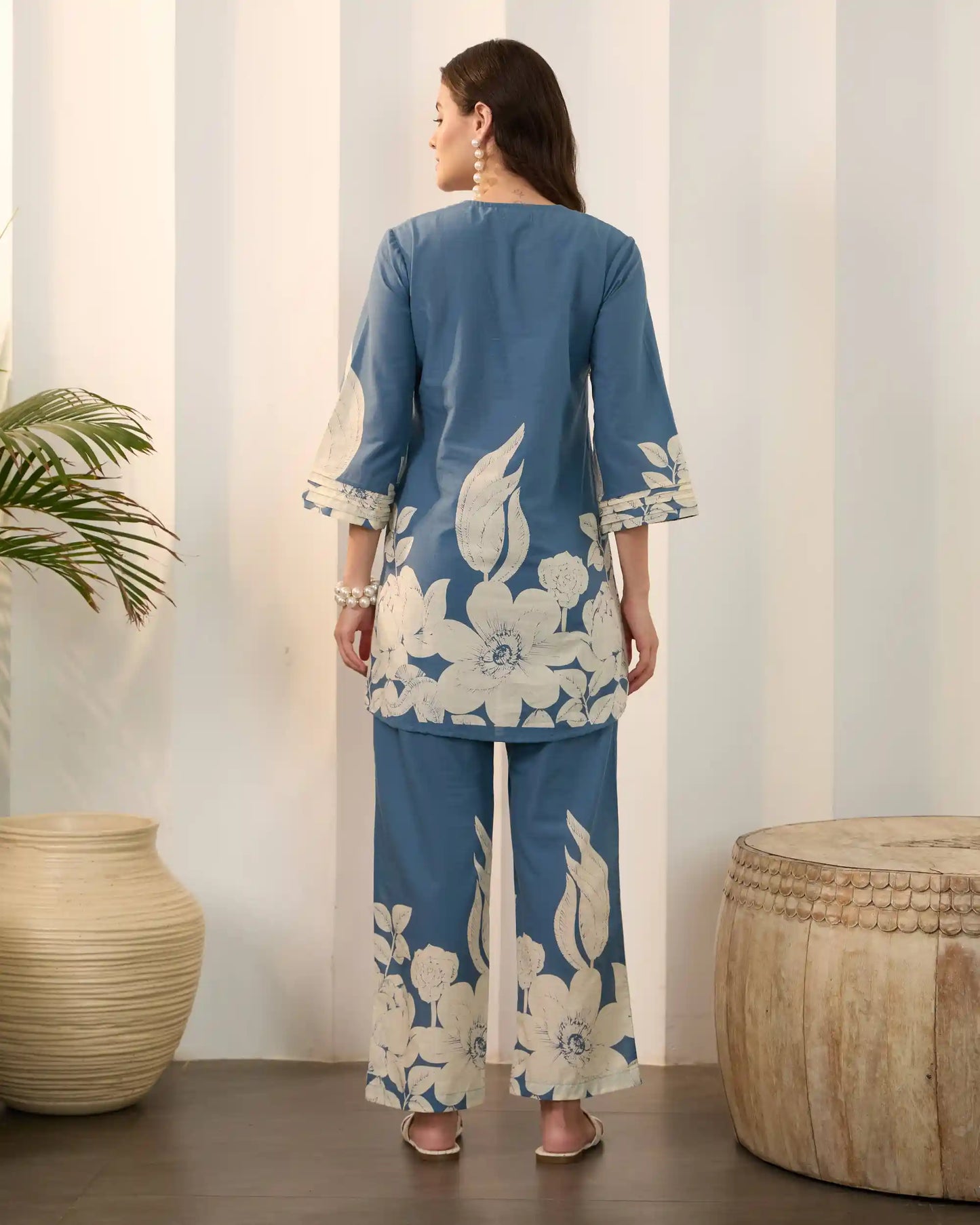 Blue Floral Pure Cotton V-Neck Tunic & Trouser Co-Ord Set