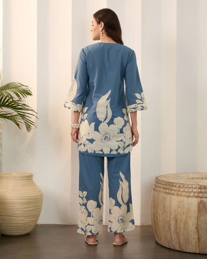 Blue Floral Pure Cotton V-Neck Tunic & Trouser Co-Ord Set