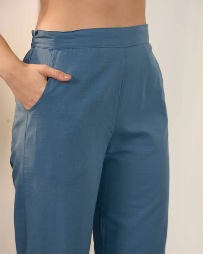 Blue Floral Pure Cotton V-Neck Tunic & Trouser Co-Ord Set