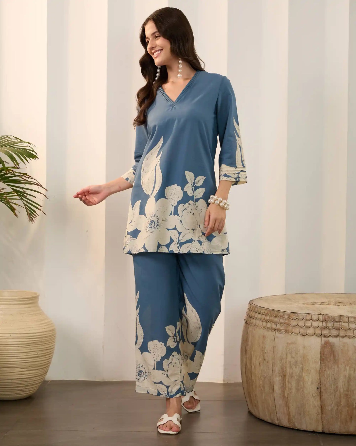 Blue Floral Pure Cotton V-Neck Tunic & Trouser Co-Ord Set