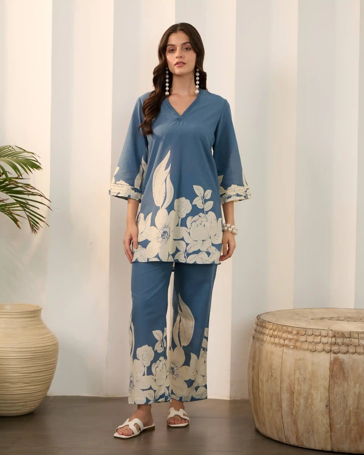 Blue Floral Pure Cotton V-Neck Tunic & Trouser Co-Ord Set