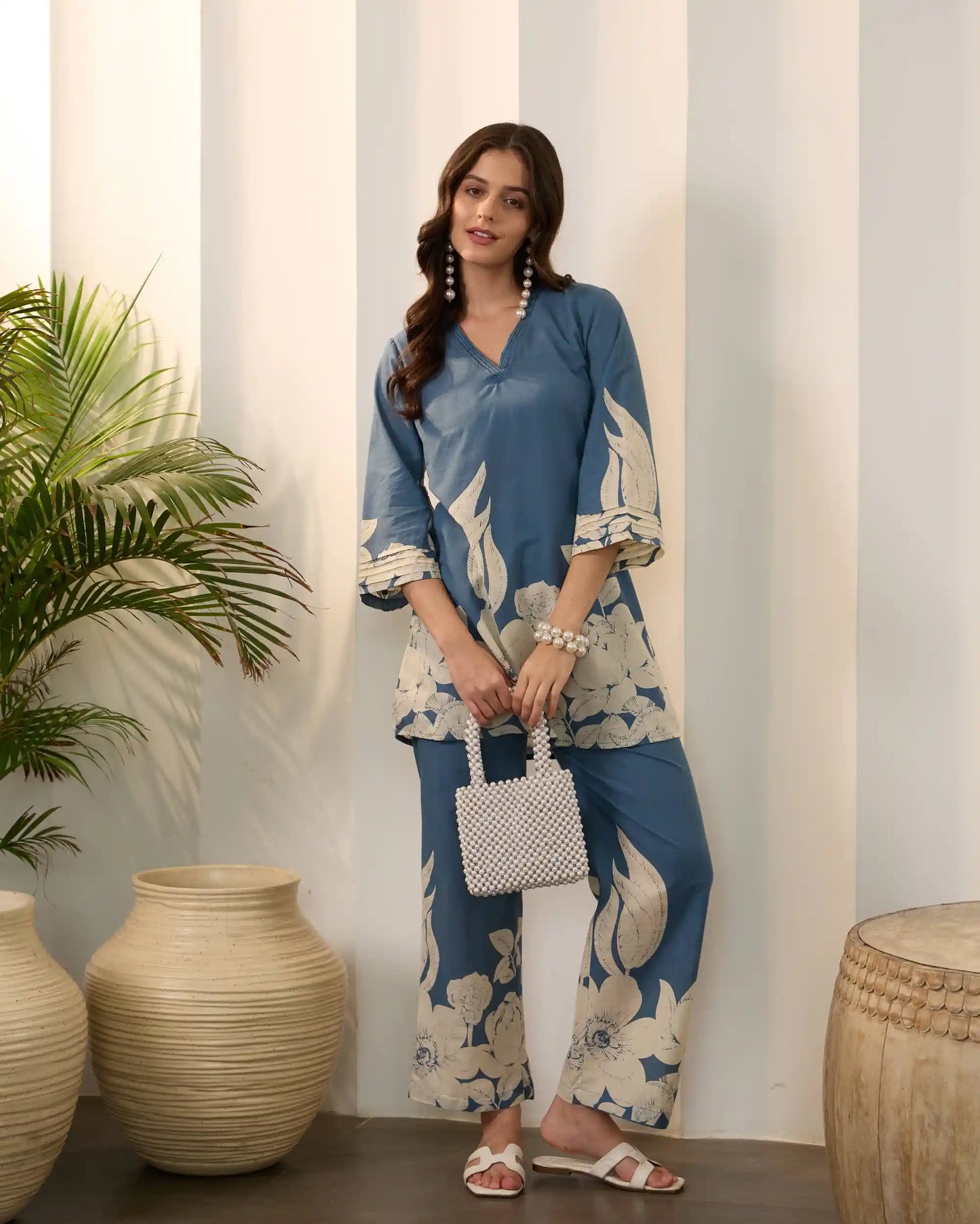 Blue Floral Pure Cotton V-Neck Tunic & Trouser Co-Ord Set