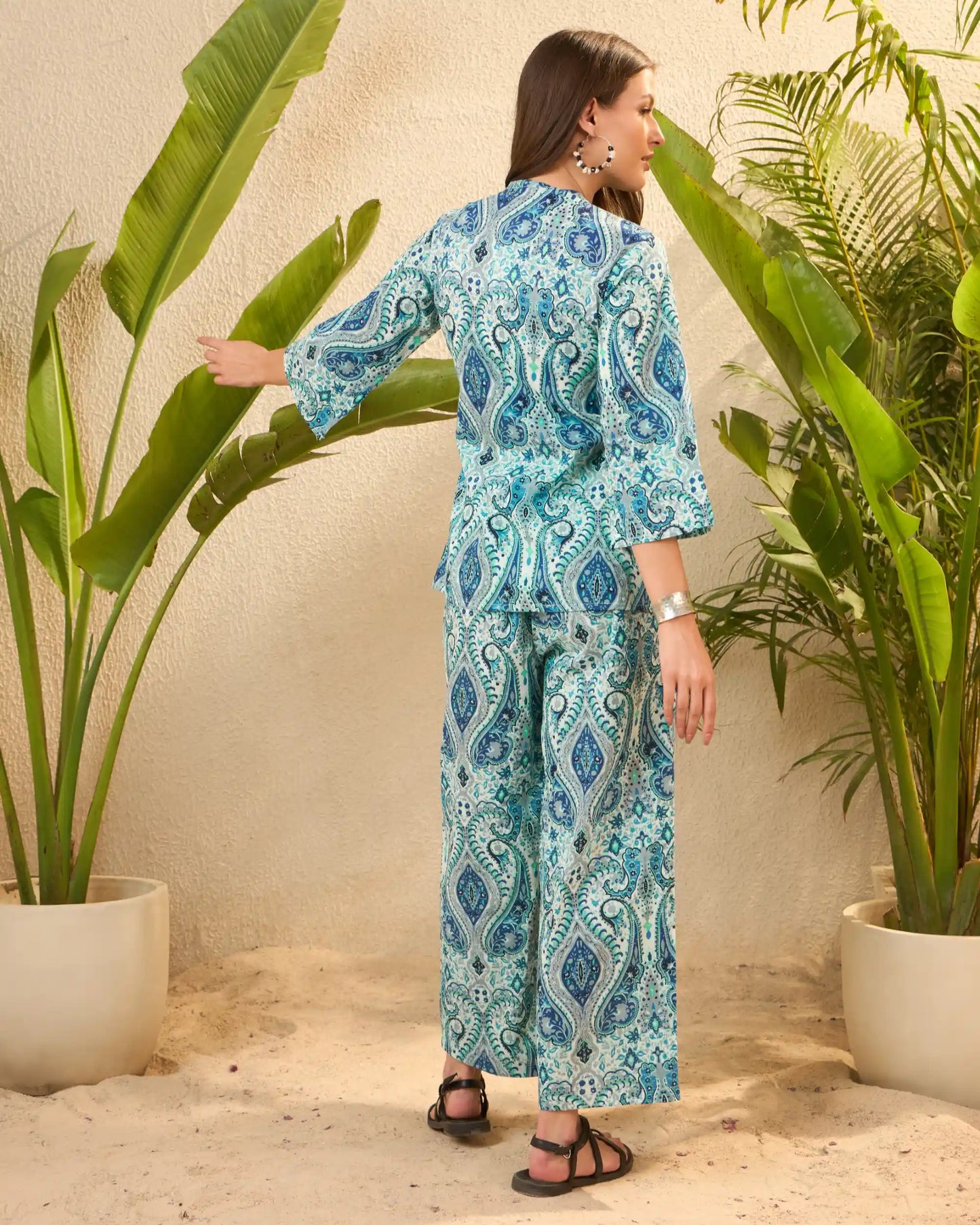 Blue Paisley Pure Cotton Mandarin Collar Co-Ord Set