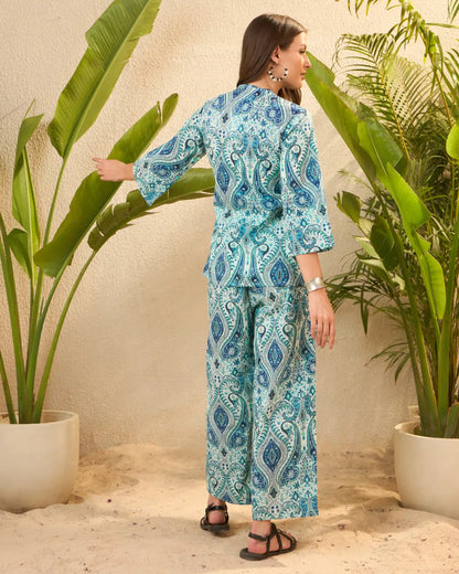 Blue Paisley Pure Cotton Mandarin Collar Co-Ord Set