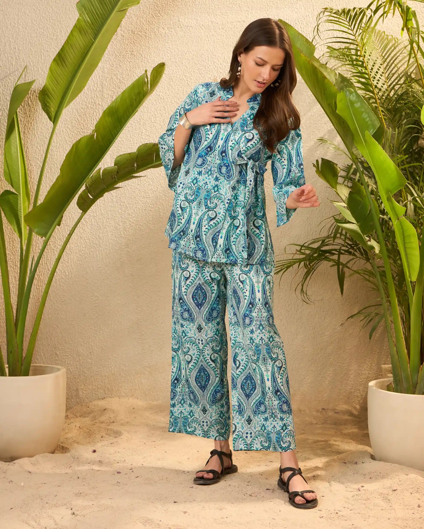 Blue Paisley Pure Cotton Mandarin Collar Co-Ord Set