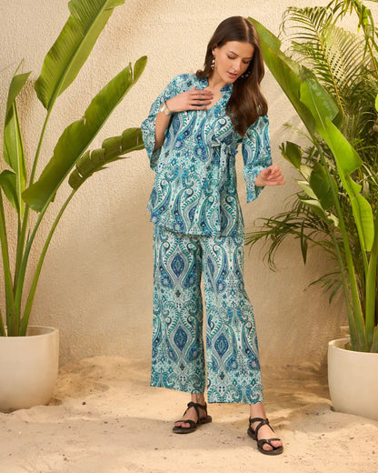 Blue Paisley Pure Cotton Mandarin Collar Co-Ord Set