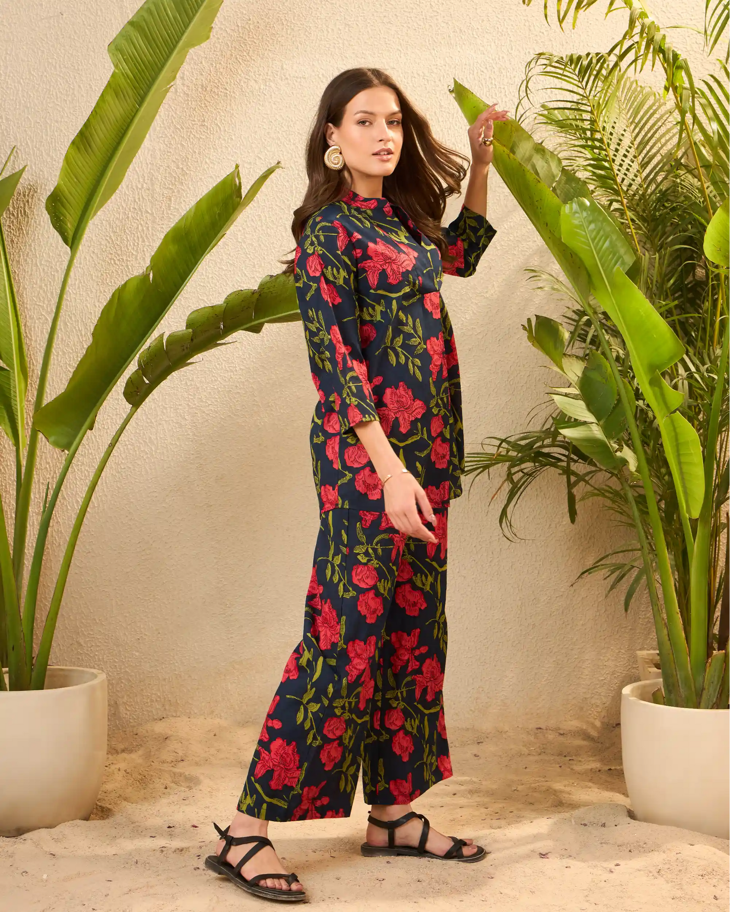 Blue & Pink Floral Pure Cotton Mandarin Neck Co-Ord Set