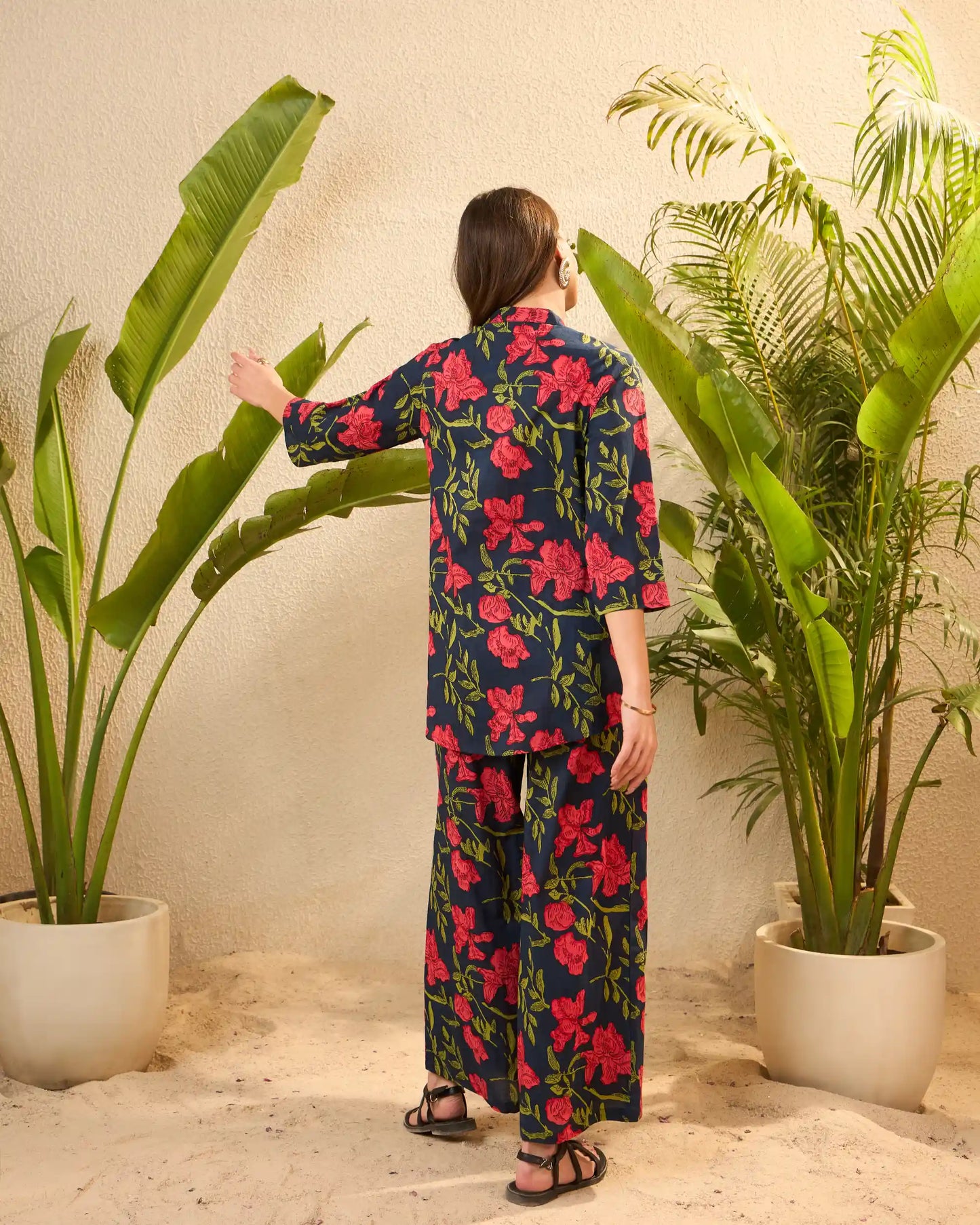 Blue & Pink Floral Pure Cotton Mandarin Neck Co-Ord Set