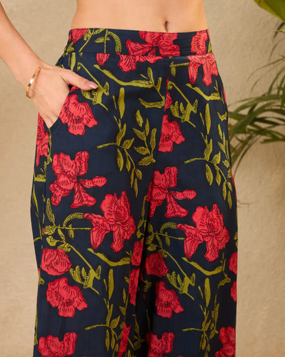 Blue & Pink Floral Pure Cotton Mandarin Neck Co-Ord Set