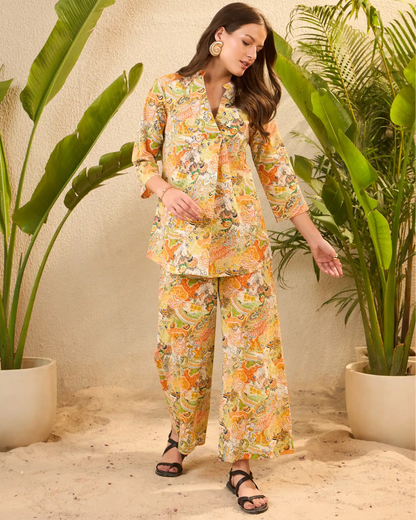 Yellow Floral Pure Cotton Mandarin Neck Top & Trouser Set